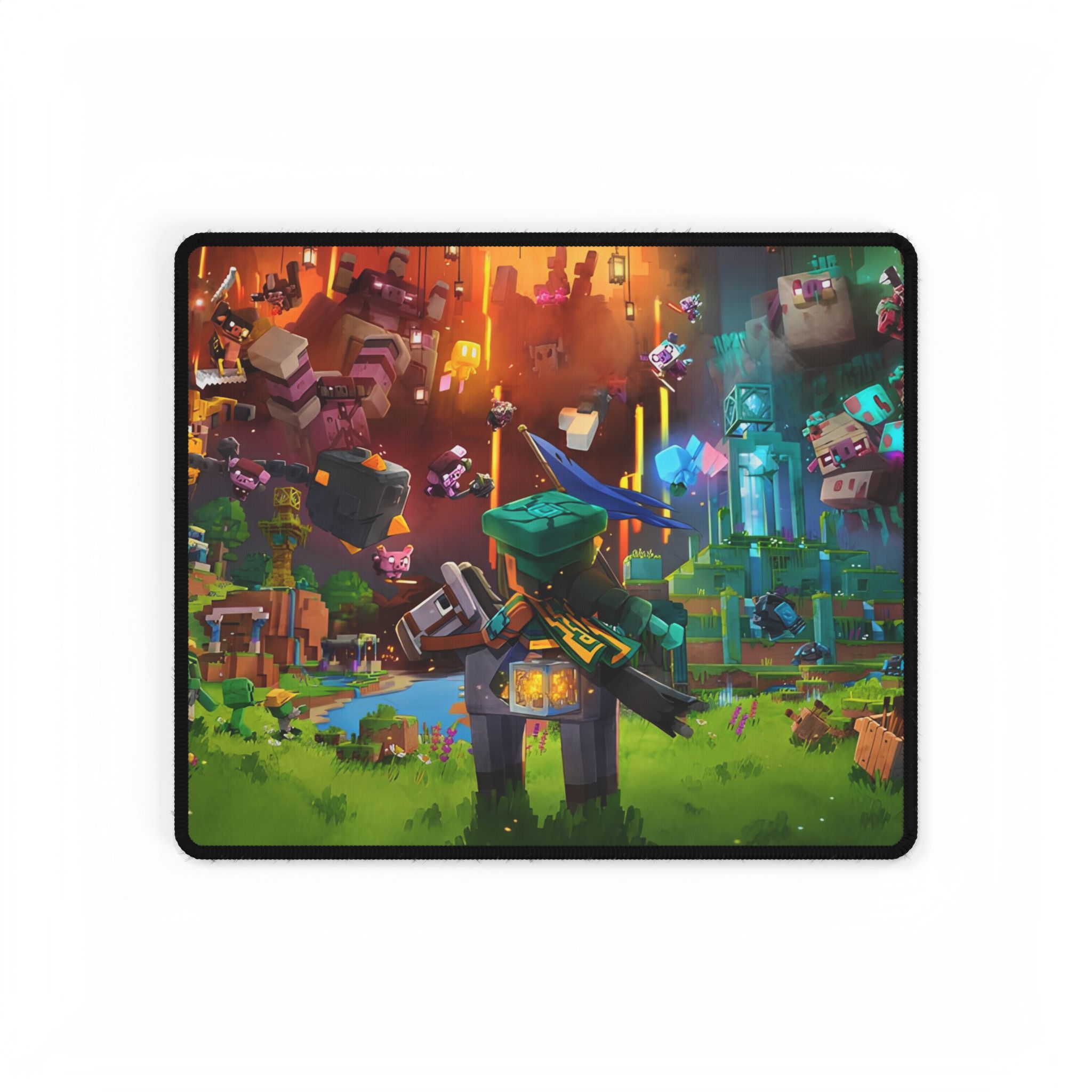 A large Minecraft desk mat covering most of a workstation