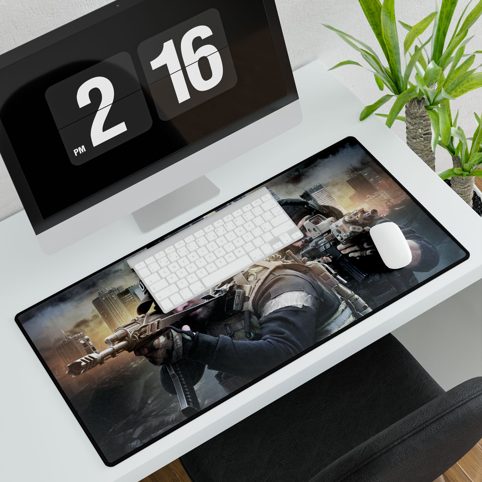 Desk setup featuring Escape From Tarkov desk mat and accessories