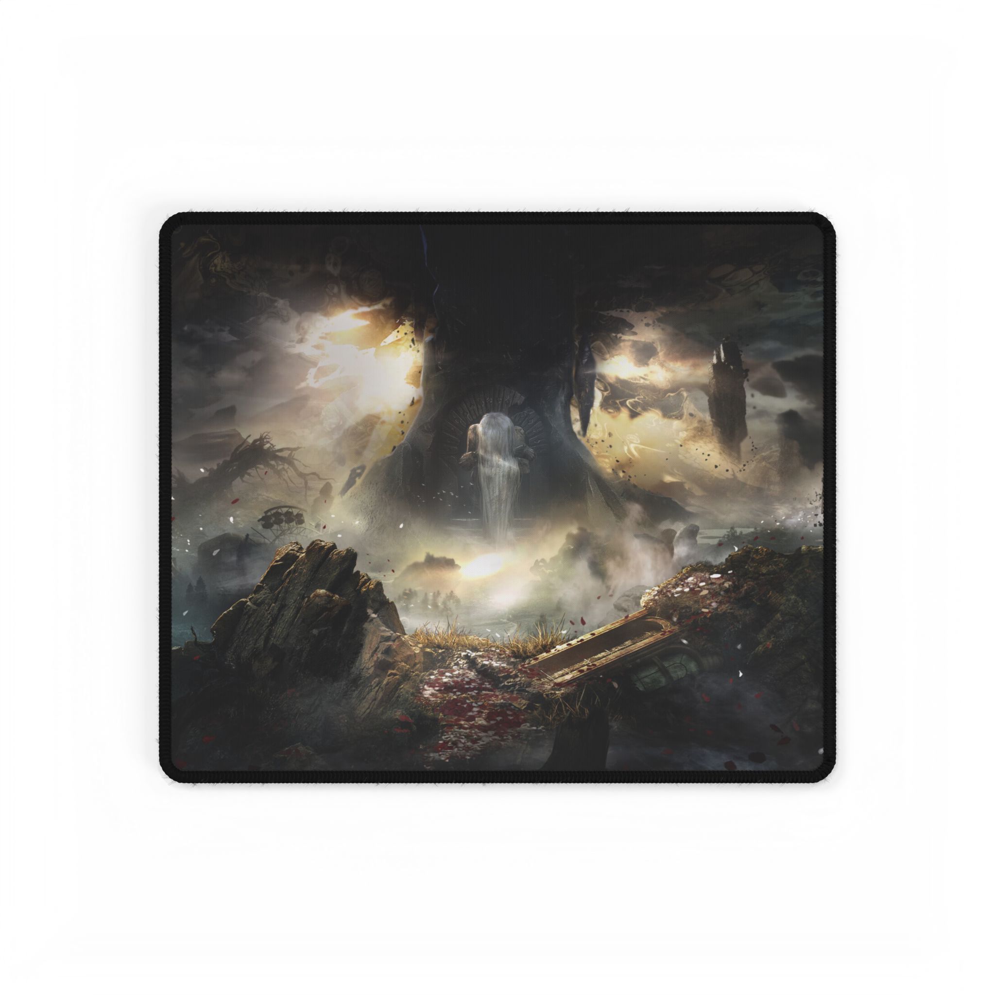 The Clair Obscur Expedition 33 desk mat with keyboard and mouse