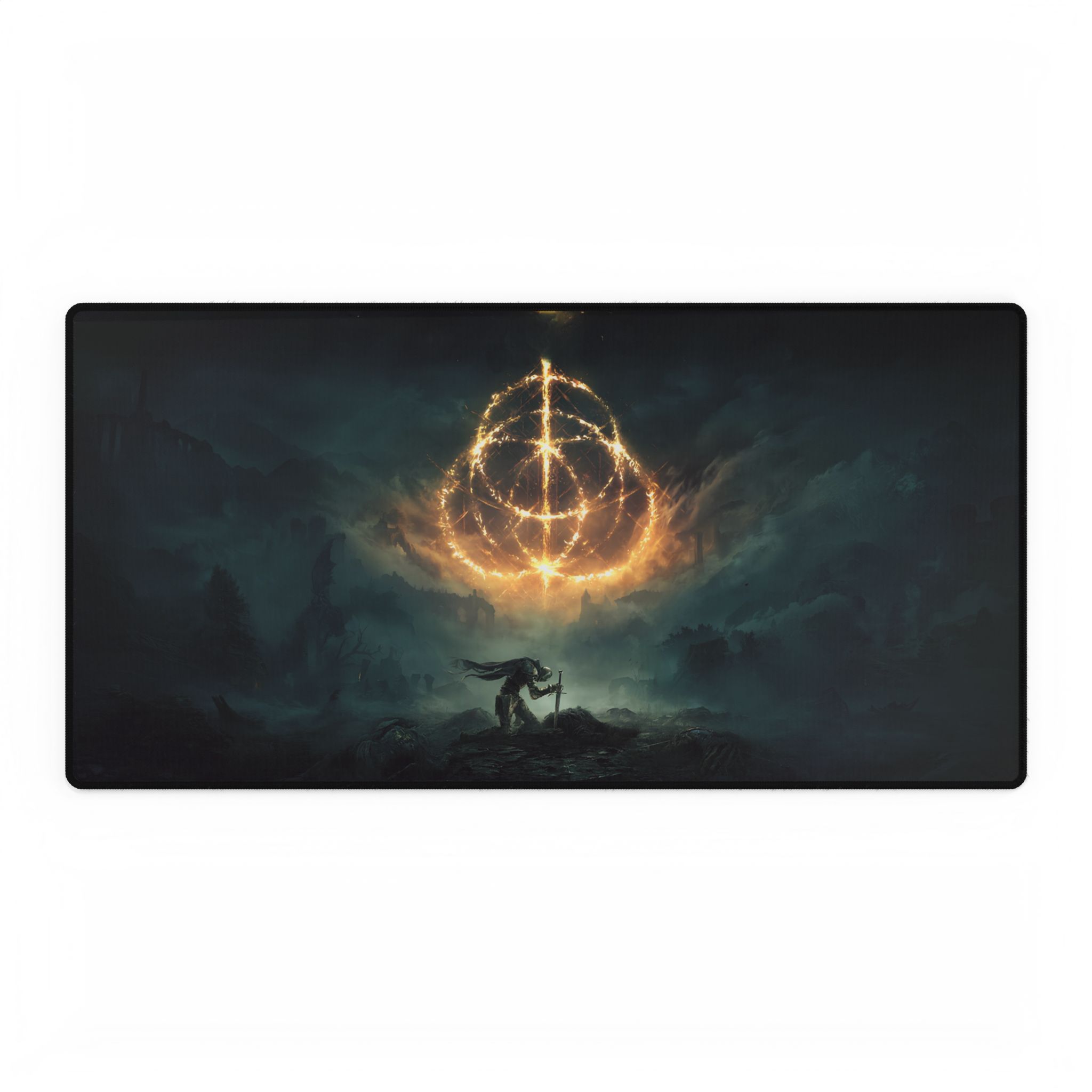 Close-up of Elder Ring desk mat design featuring in-game characters