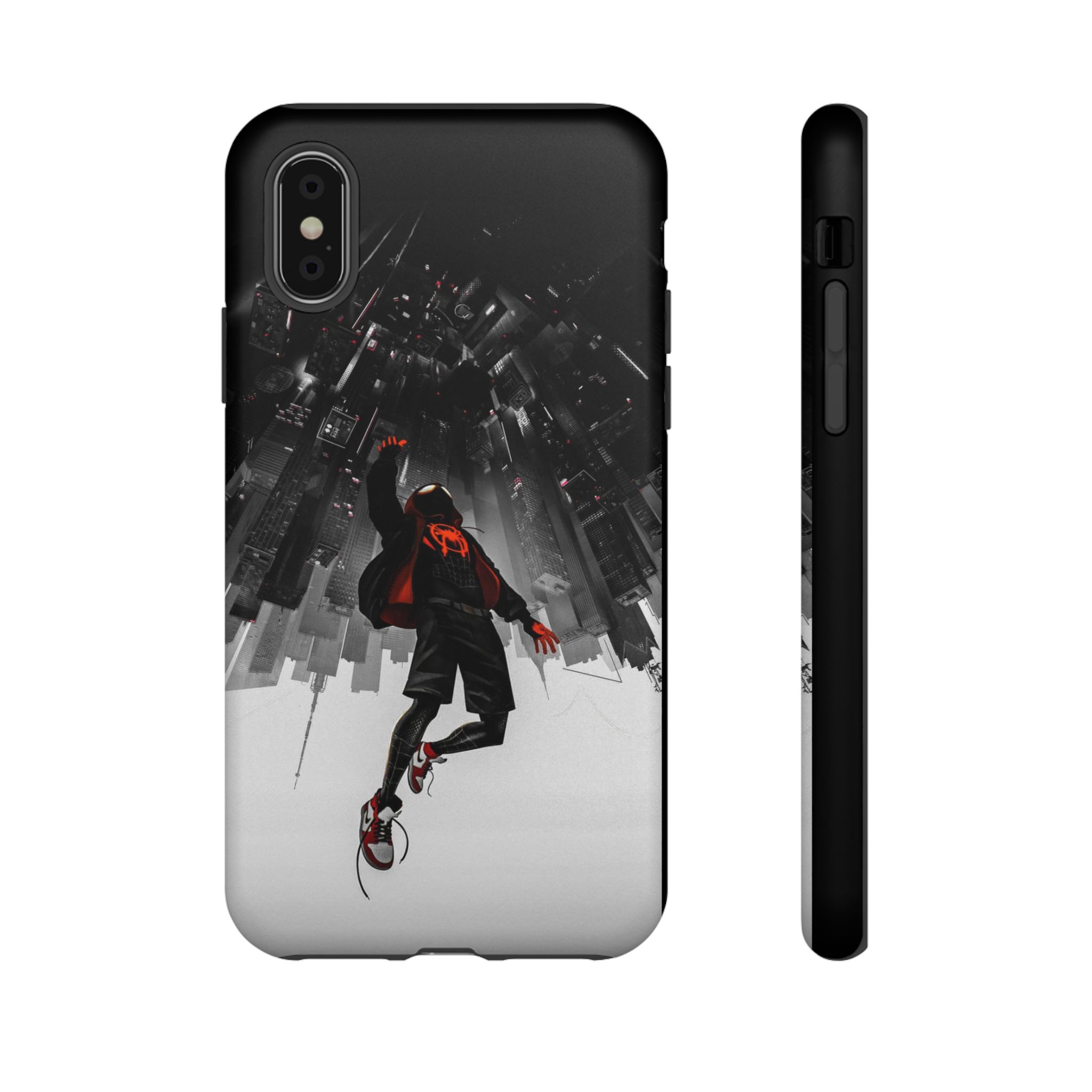 Close-up of Mile Morales Spider tough case demonstrating durability