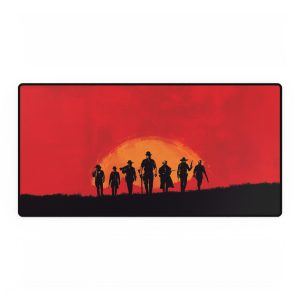Red Redemption desk mat showcasing full design on a clean desk