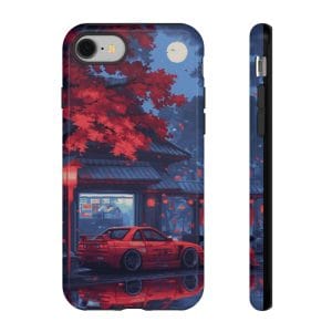 Close-up of a glossy car lover phone case with a sports car design