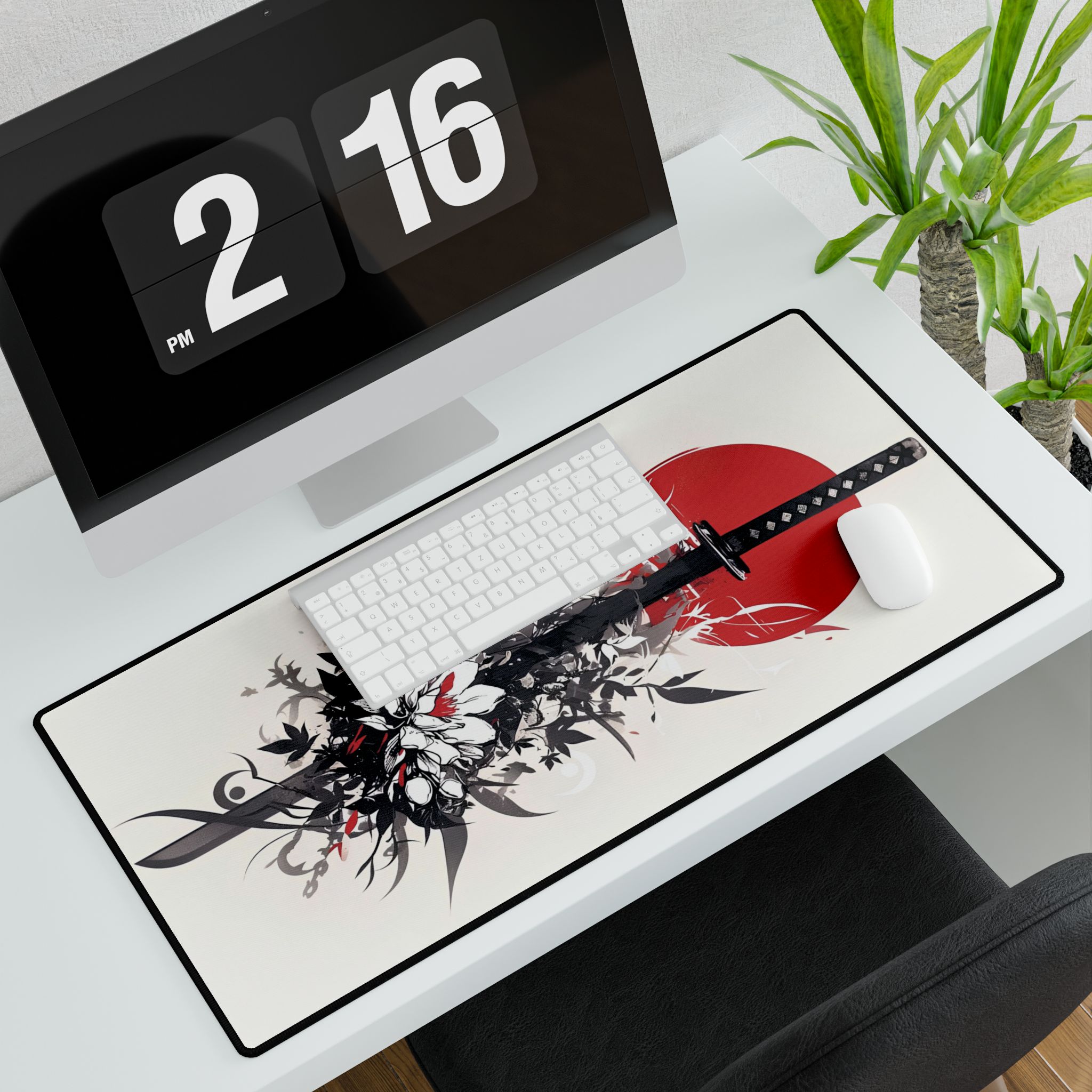 Japanese gaming mousepad with katana and flowers design
