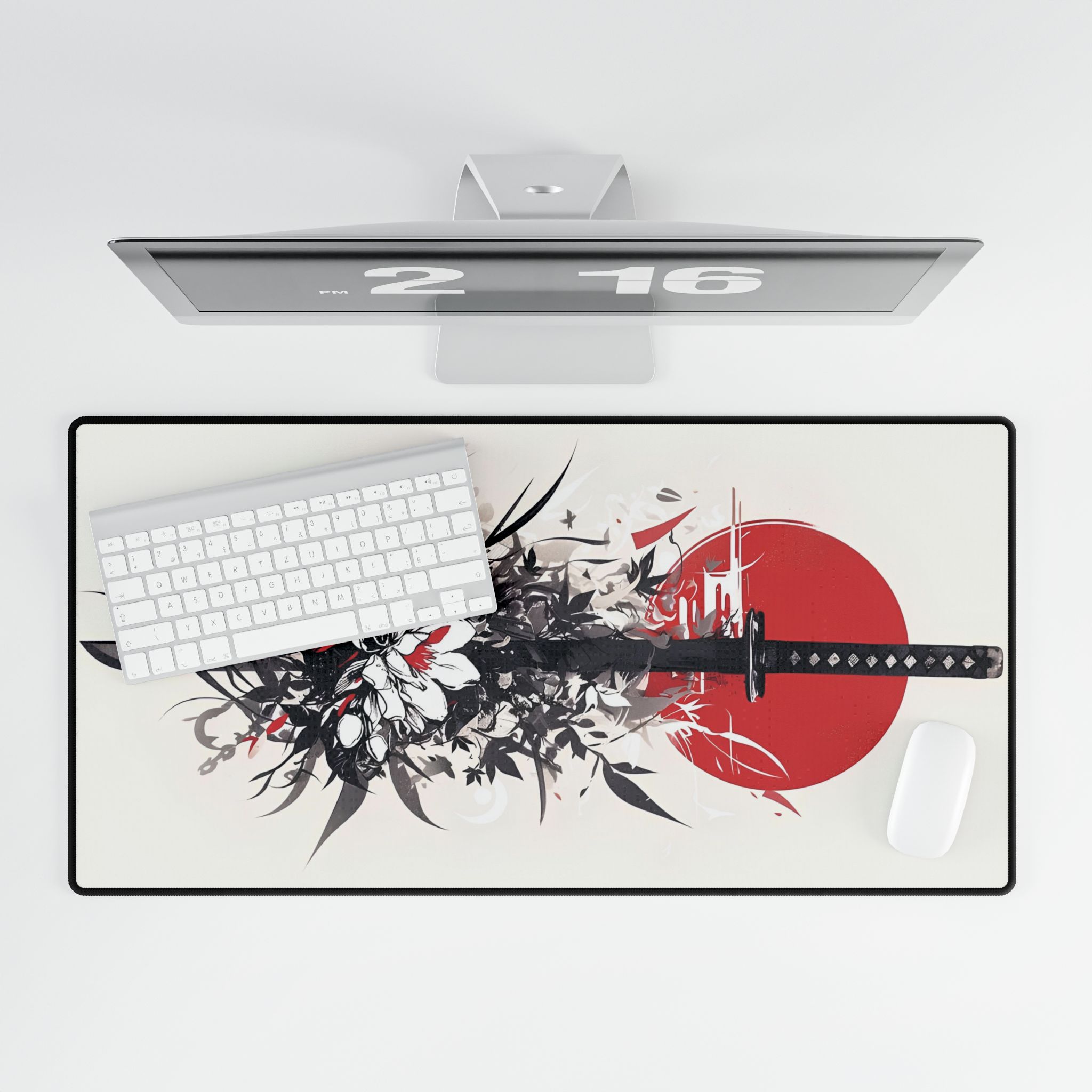 Samurai desk mat used with keyboard and mouse setup