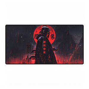 Close-up of the Itachi desk mat showcasing vibrant anime design details