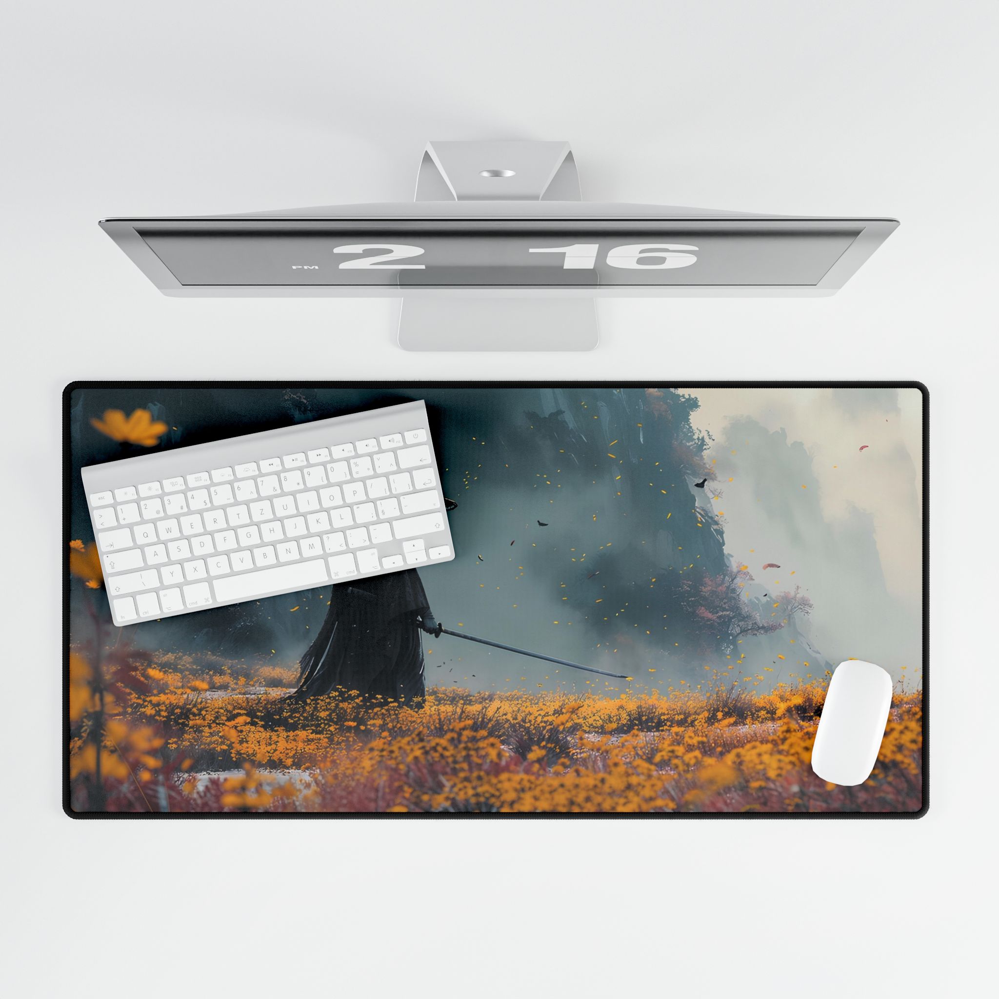 Anime desk mat featuring the Ghost of Yotei design on a desk