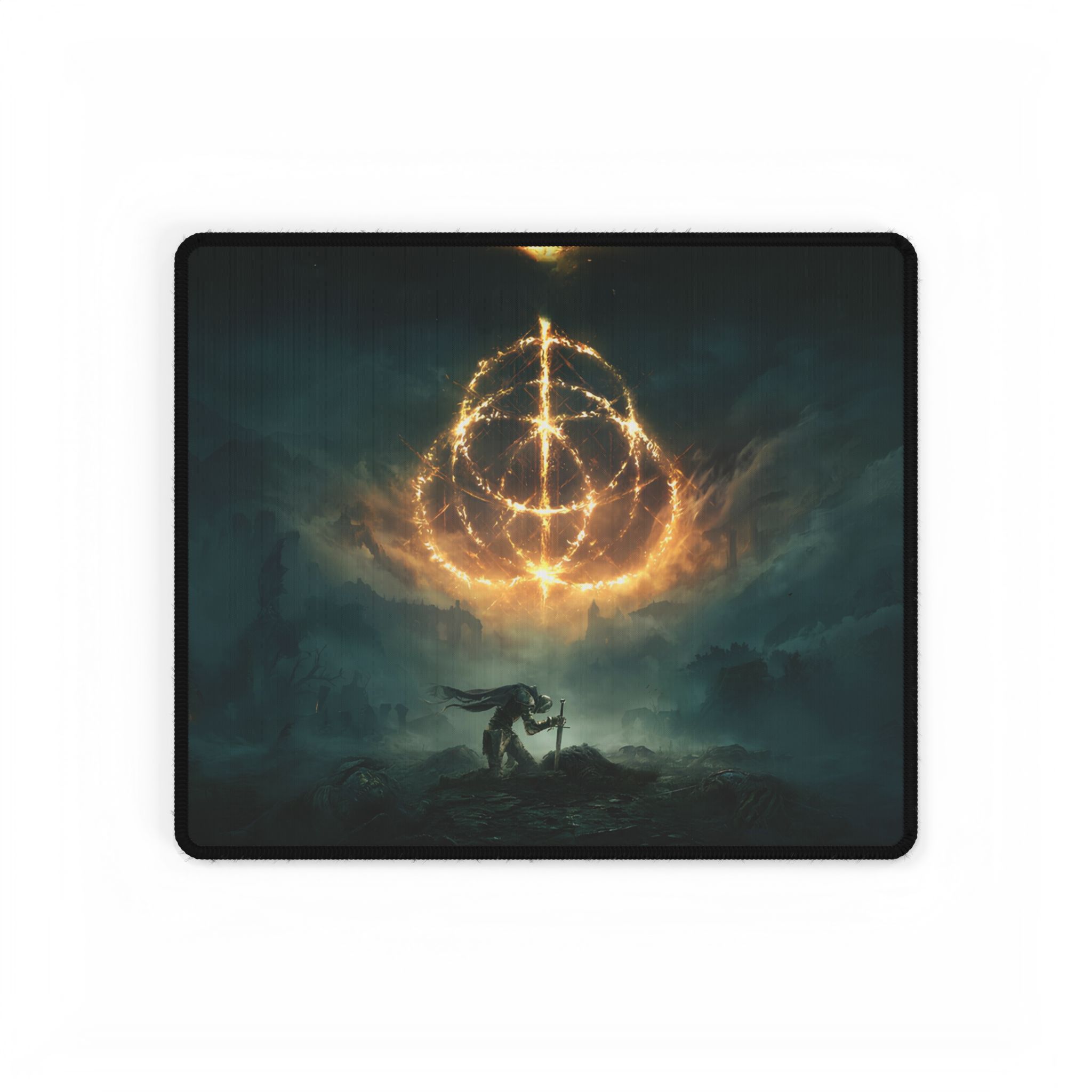 Elder Ring desk mat with a coffee mug and gaming headphones