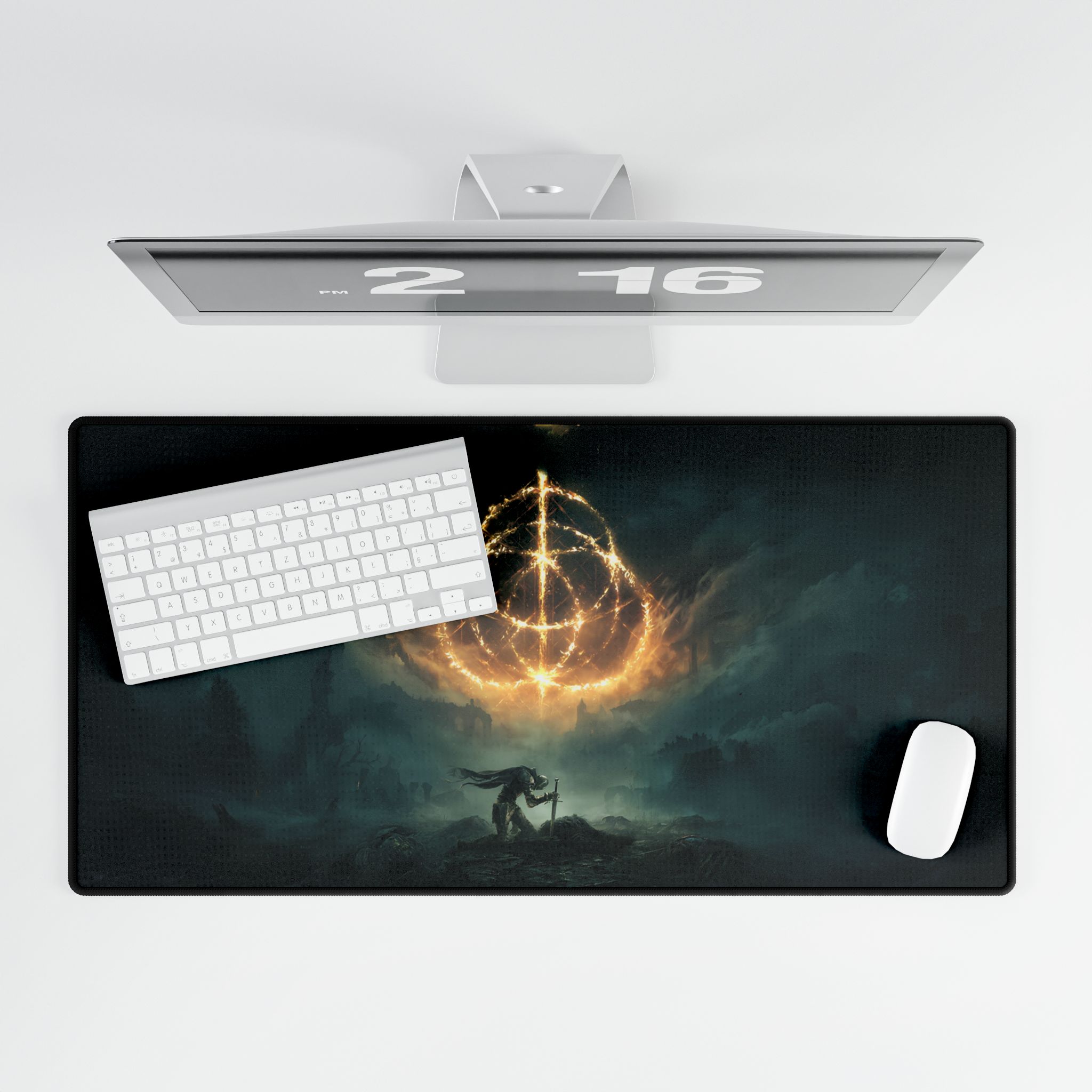 Angled view of Elder Ring desk mat with keyboard and gaming mouse