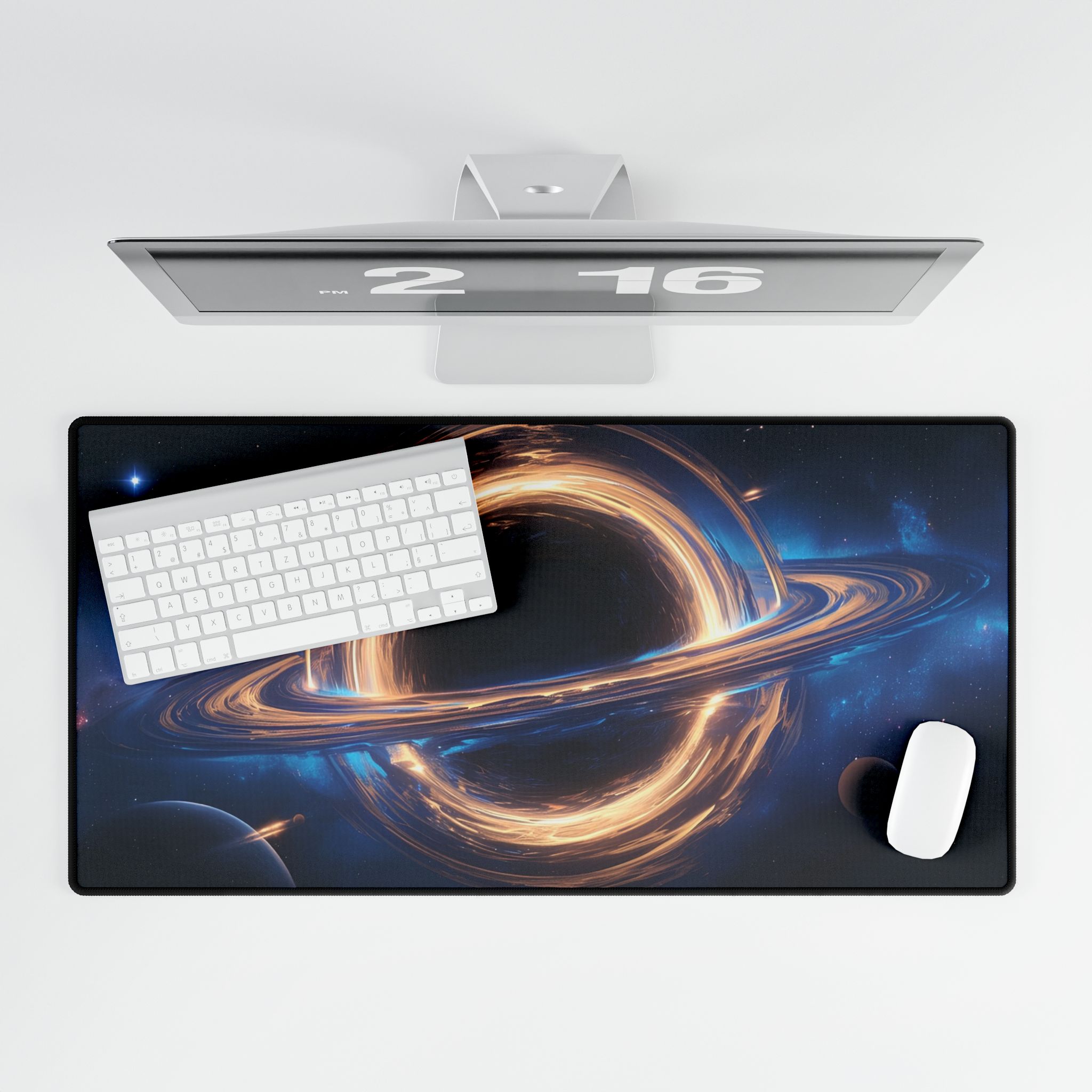 Galaxy Saturn desk mat protecting a desk from scratches