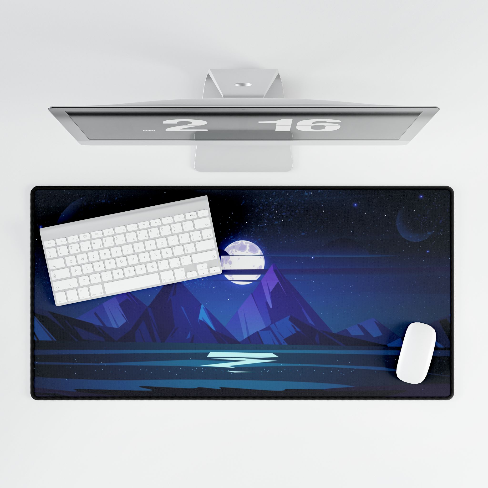 User using a mouse on the Cozy Beyond Horizon Moon Desk Mat