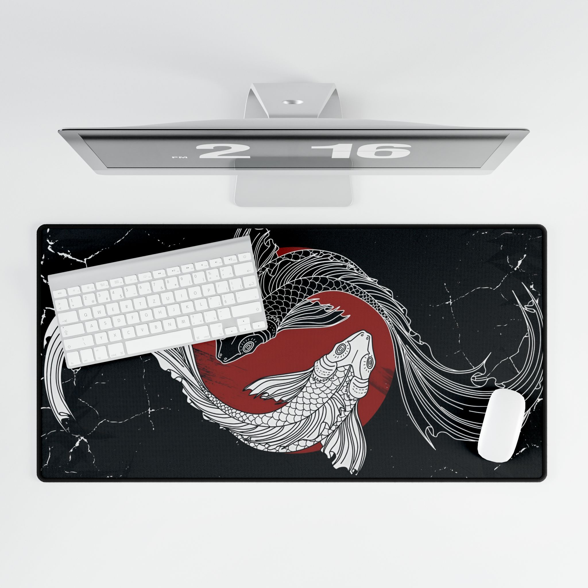 Japanese Koi Fish mousepad on desk with keyboard and mouse