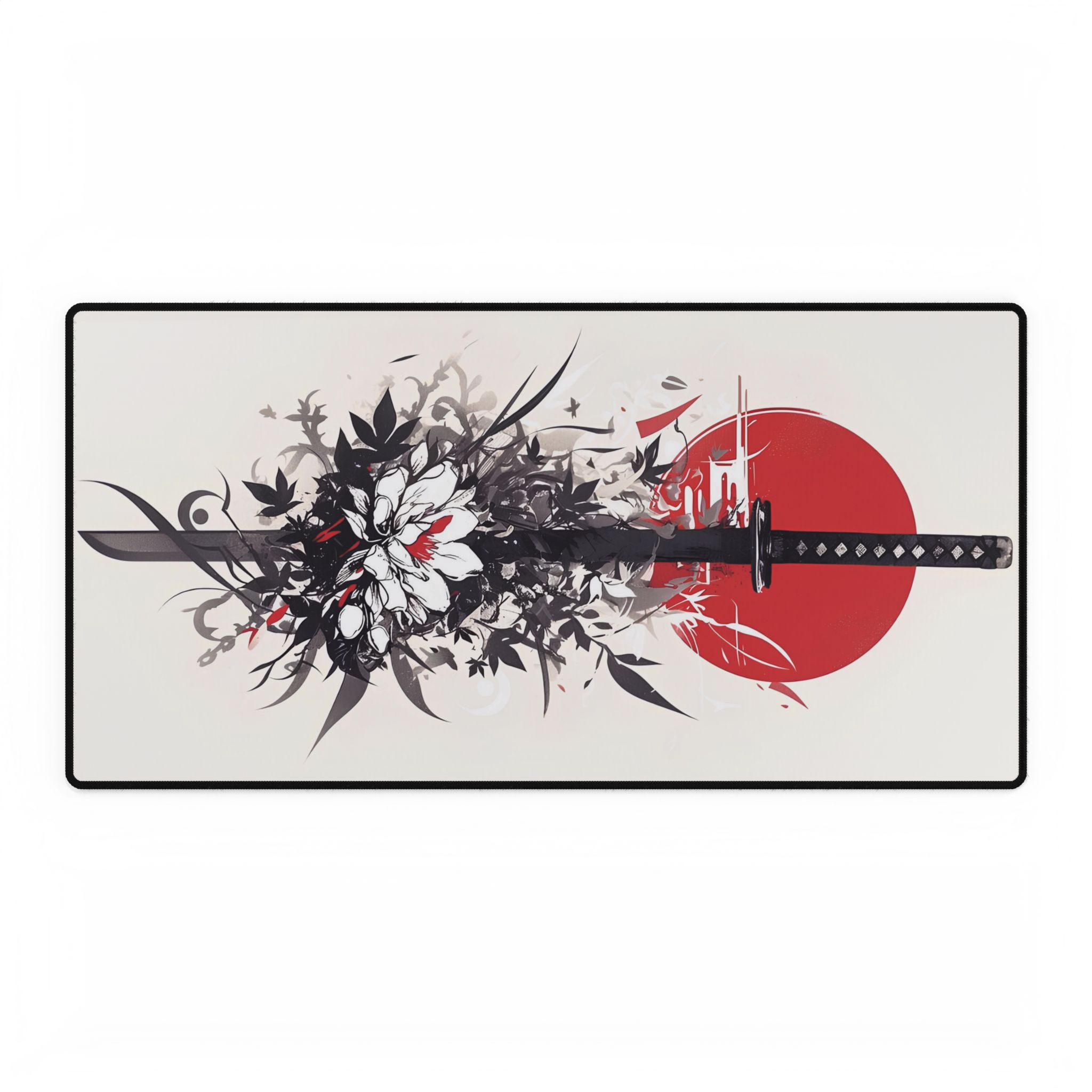 Samurai katana flowers desk mat close-up showcasing design