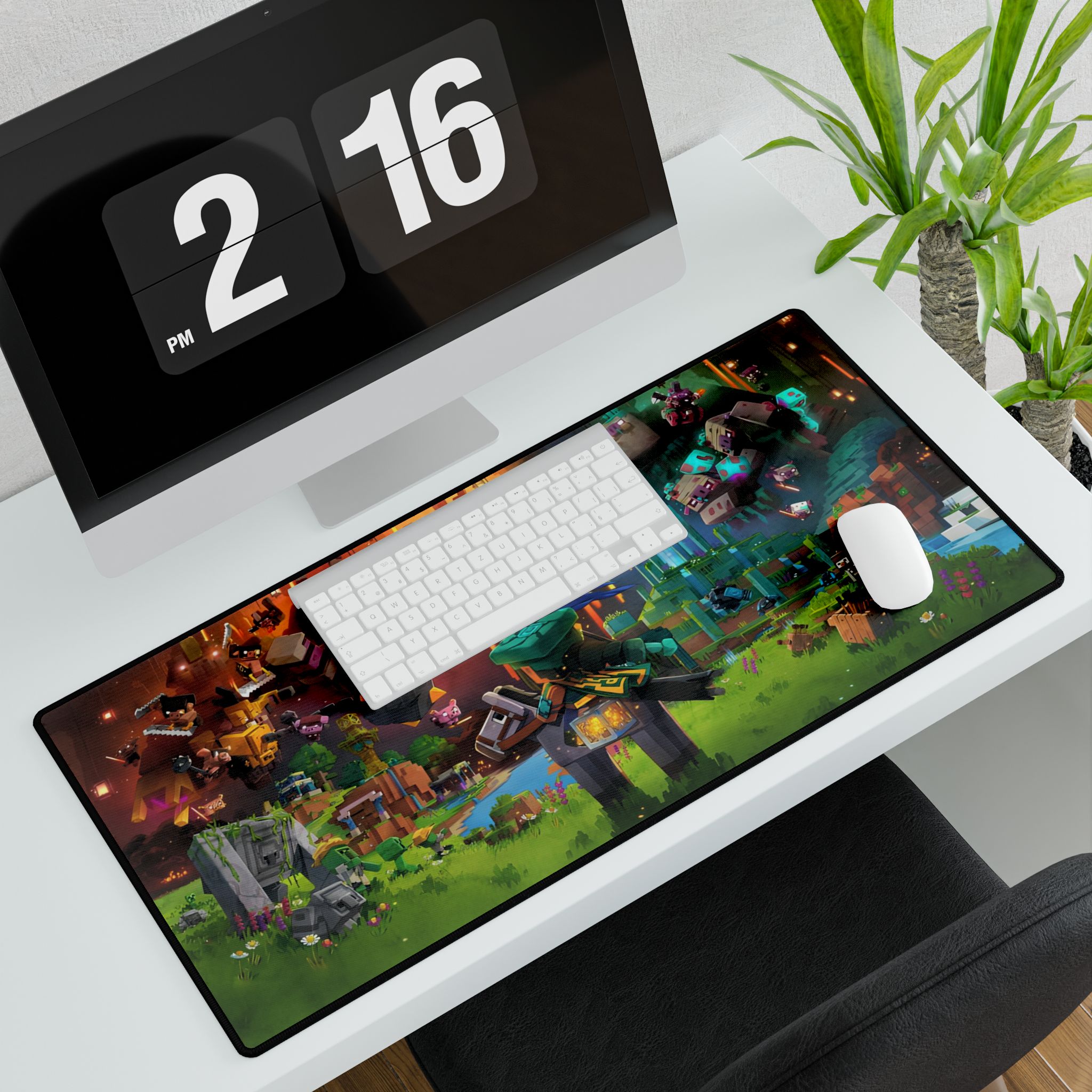 Minecraft desk mat with a gaming mouse and keyboard