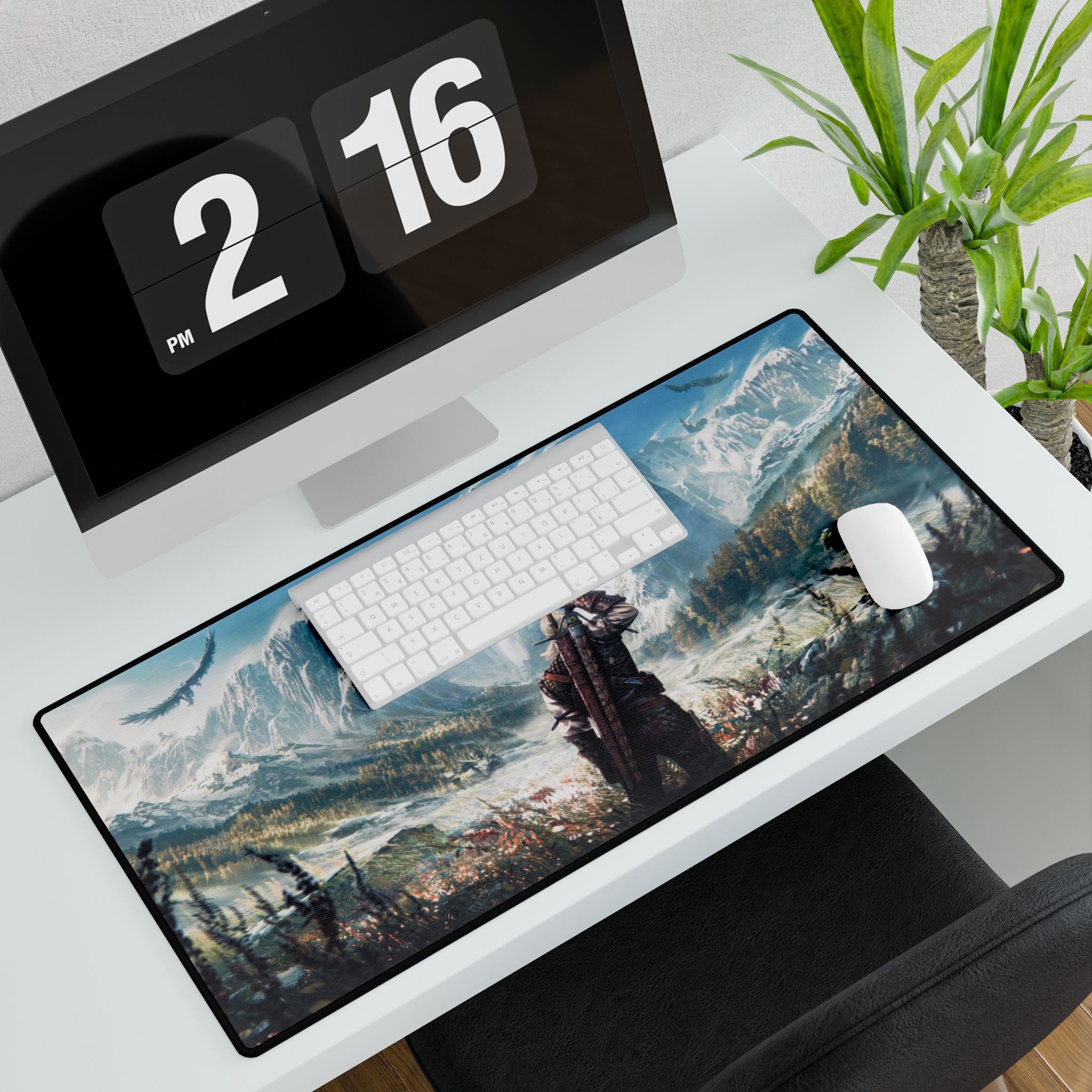 The Witcher desk mat in use on a gaming setup - Skyvium