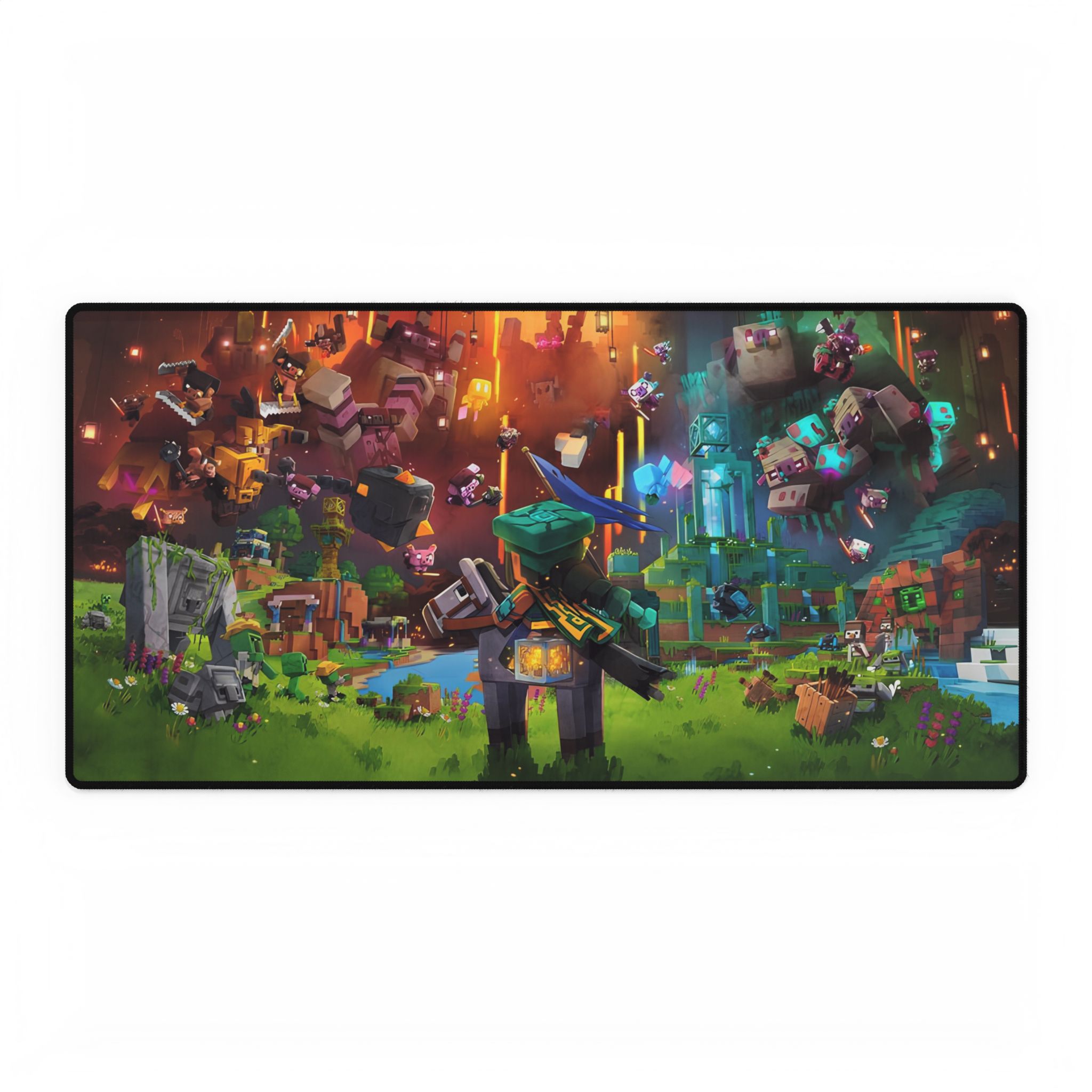 Overhead view of Minecraft desk mat on a wooden desk