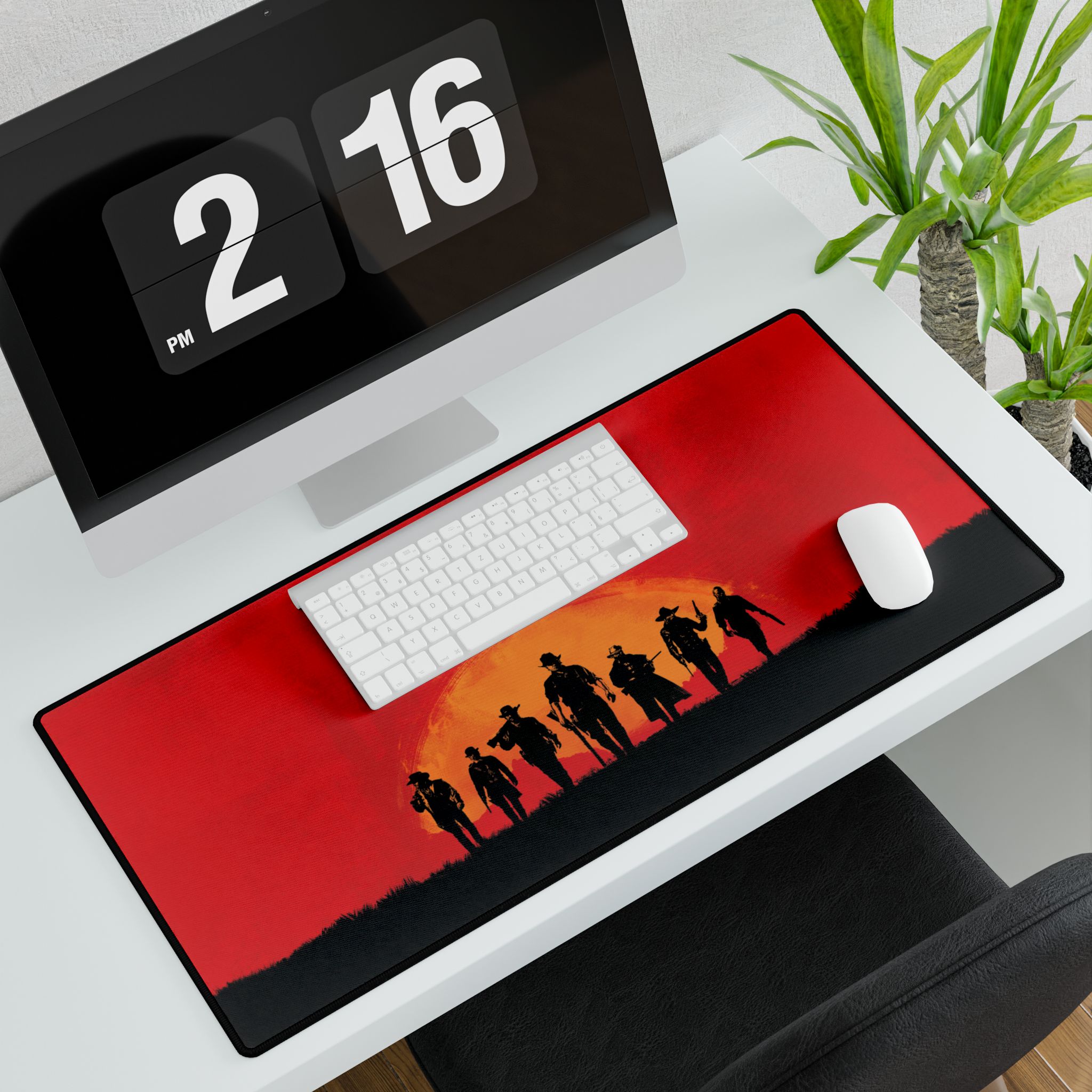 Red Redemption inspired desk mat in a gaming setup with keyboard