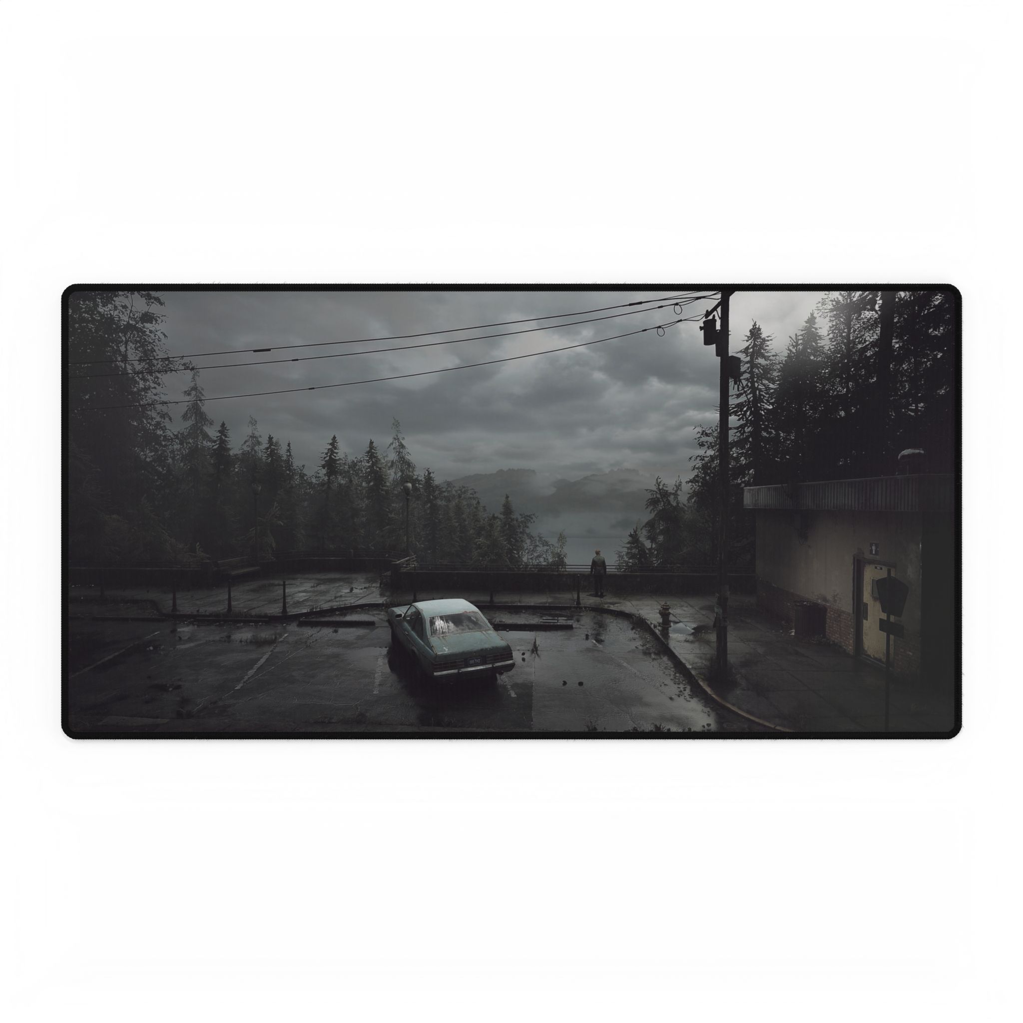 Silent Hill 2 Ghost Town desk mat featuring a foggy road