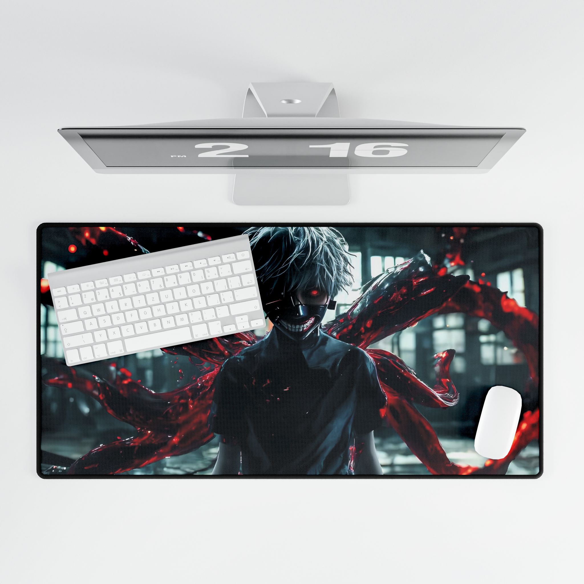 Tokyo Ghoul inspired desk mat on a gaming setup